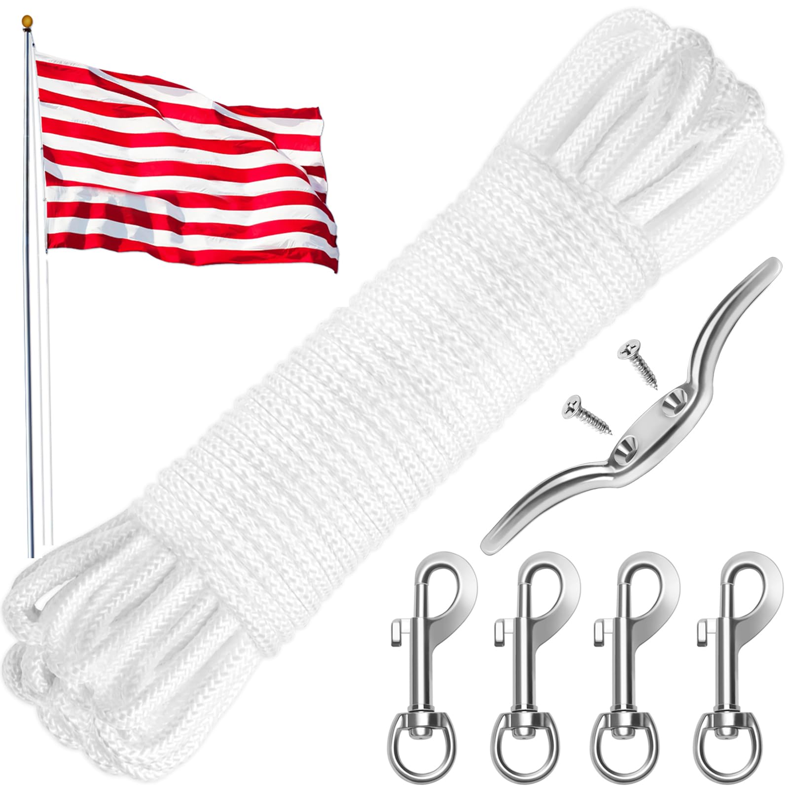 Anglekai 50FT/ 100FT Flag Pole Rope Line Kit, 5/16 in Flag Rope and Clips Kit Replacement with 4PCS Swivel Flag Pole Hook Clips/Cleat Hook (50FT)