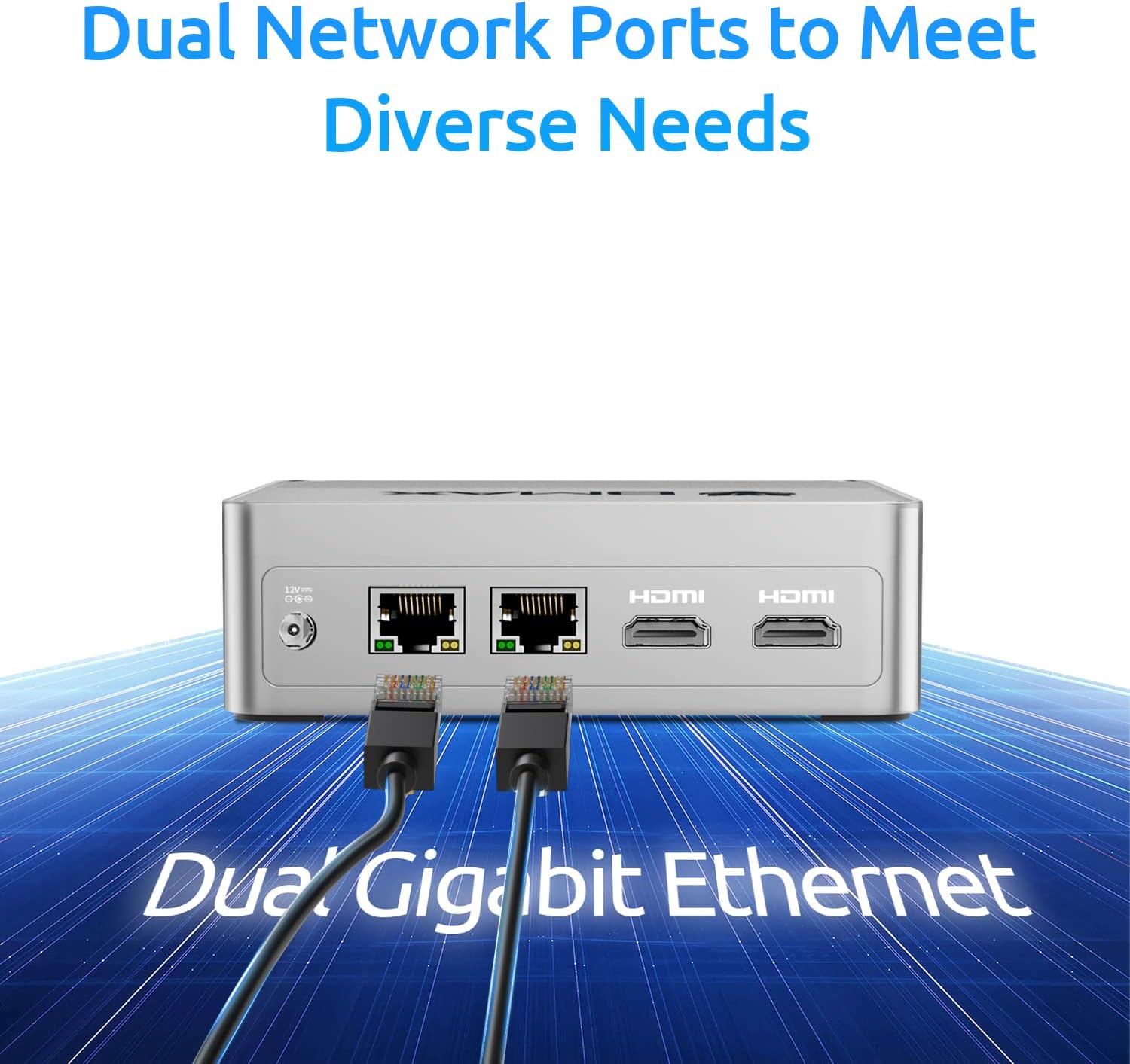 Illustration highlighting the dual Gigabit Ethernet ports on the Bmax B3 Plus Mini PC.