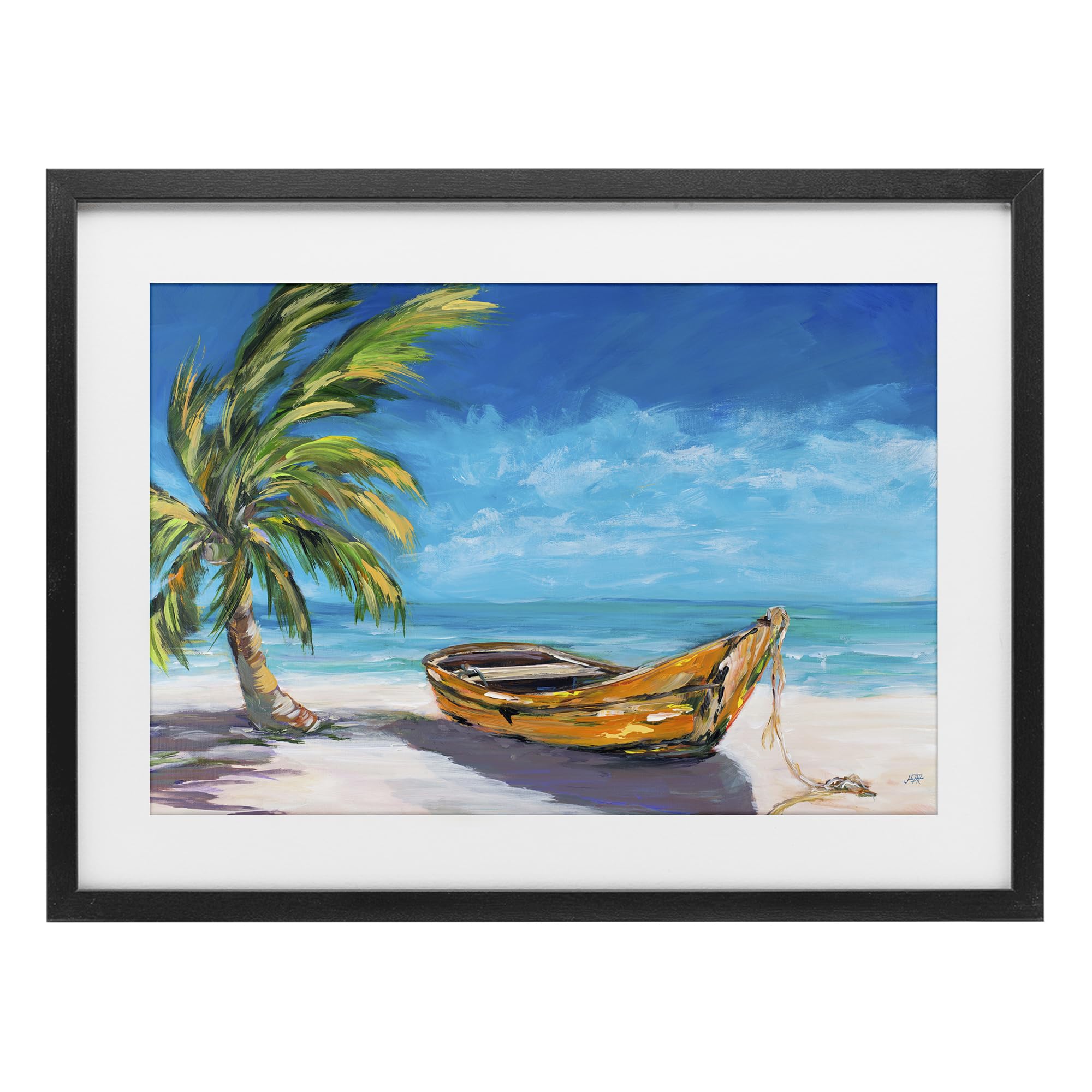 Stupell Industries Lost Island Palm Beach Boat 'Lost Island Palm & Boat', Framed Print Under Glass, Black, 20 X 14