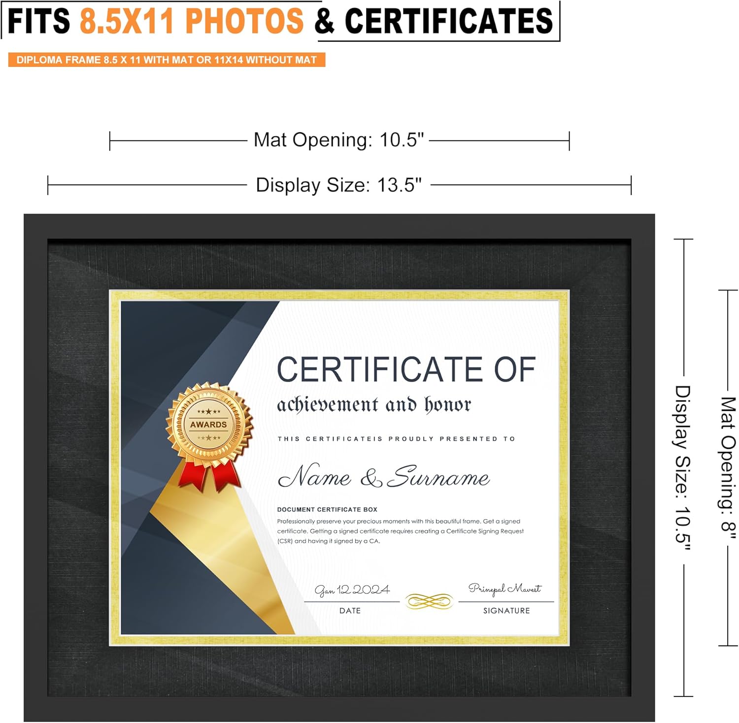 PEALSN 11x14 Black Diploma Frames, Multi Opening Frame with Gold & Black Decorative Mats for 8.5x11 with Mat or 11x14 without Mat, Real Glass Cover and Solid Black Backboard, 2 Pack