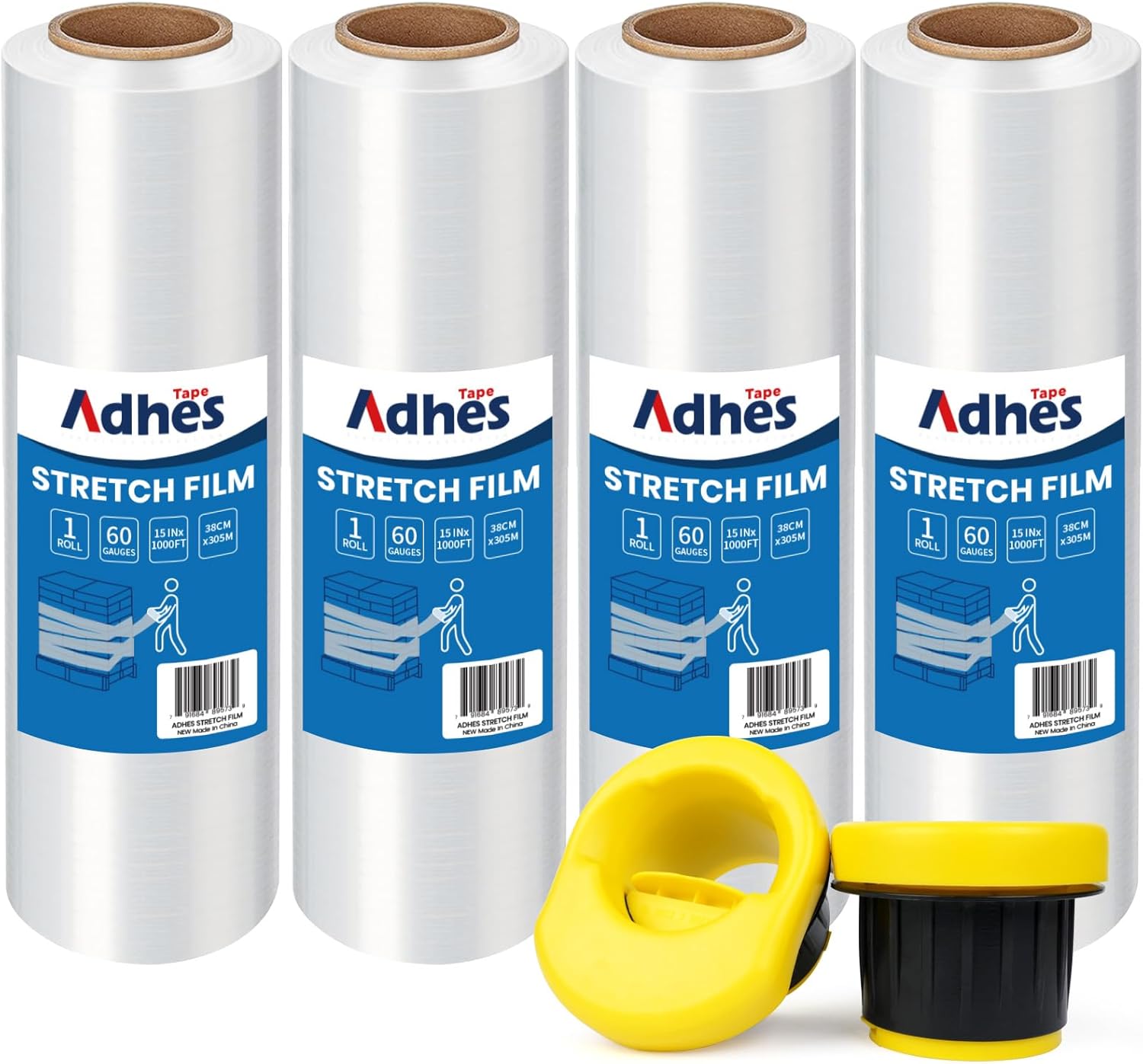 ADHES Heavy Duty Shrink Wrap Roll, 15 Inch x 1000 Feet, 4-Pack Stretch Wrap Stretch Film, 60 Gauge Industrial Strength Plastic Moving Wrap for Pallet Wrap, Furniture Wrapping Moving & Protection