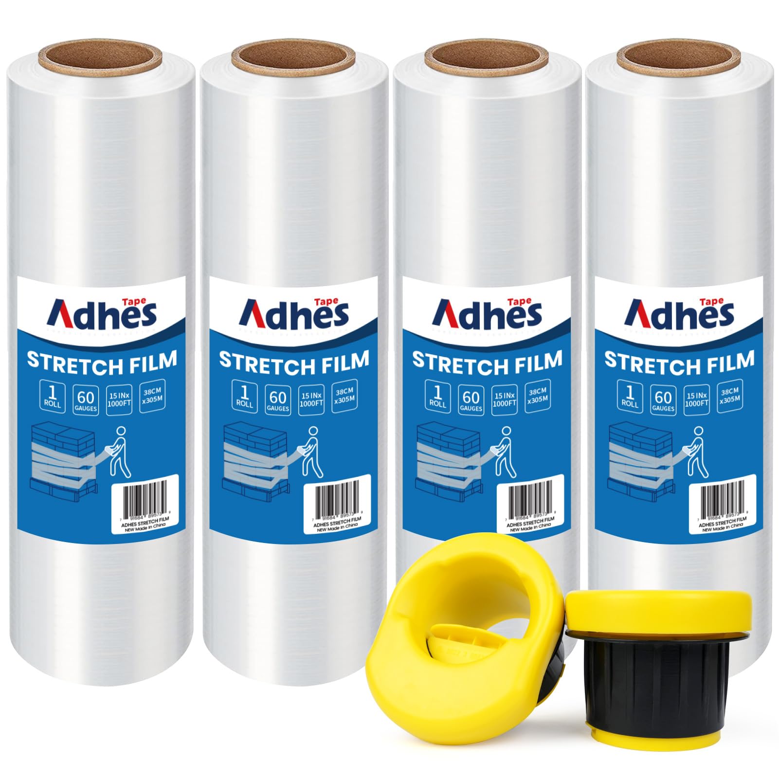 ADHES TAPE Film Transparente Para Embalar Alta Elasticidad Estiramiento 380mm x 305m,4 roll, 60 Gauge Resistencia Industrial Film Elástico, para Paletizar Embalaje, Mudanzas y Envoltura Wrap