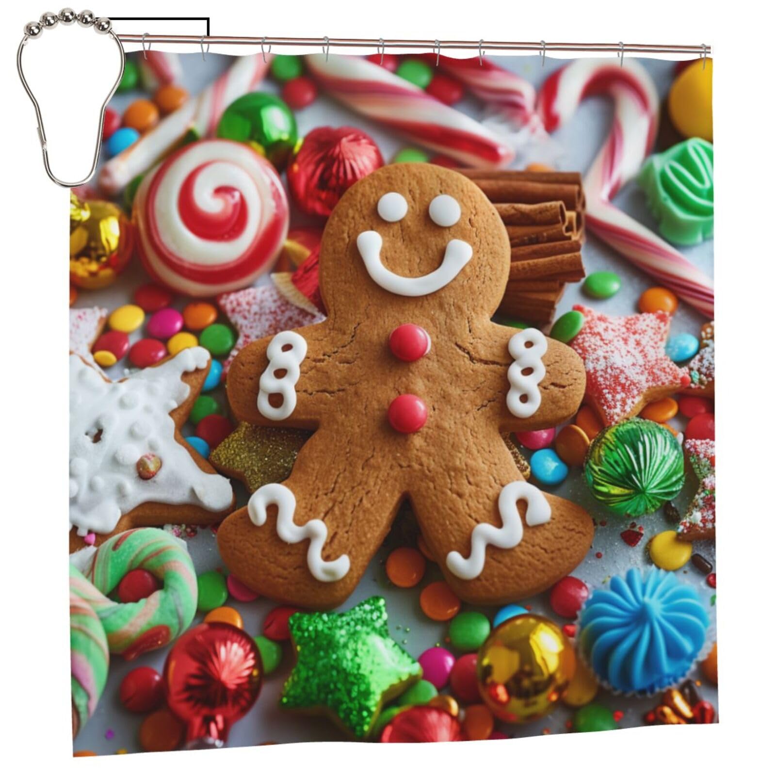 BWWHCCTI Gingerbread Man Candy Printed Shower Curtain With 12 Iron Hooks Opaque Quick Drying Waterproof Shower Curtains Sets For Bathroom 183x183 CM