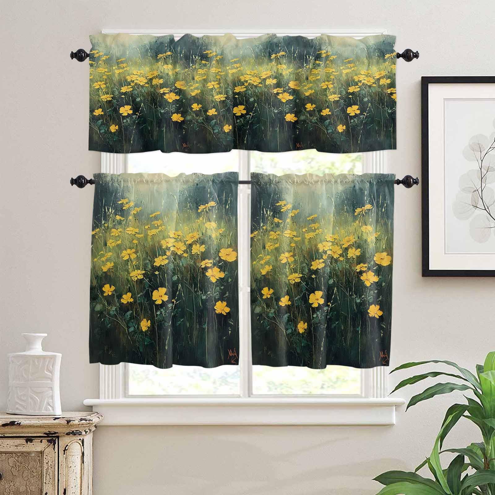 Yellow Spring Floral Kitchen Curtains 36 Inch Length,3 Piece Rod Pocket Small Half Tiers and Valance Set,Modern Oil Painting Summer Botanical Small Large Window Treatment Decor for Bedroom/Bathroom