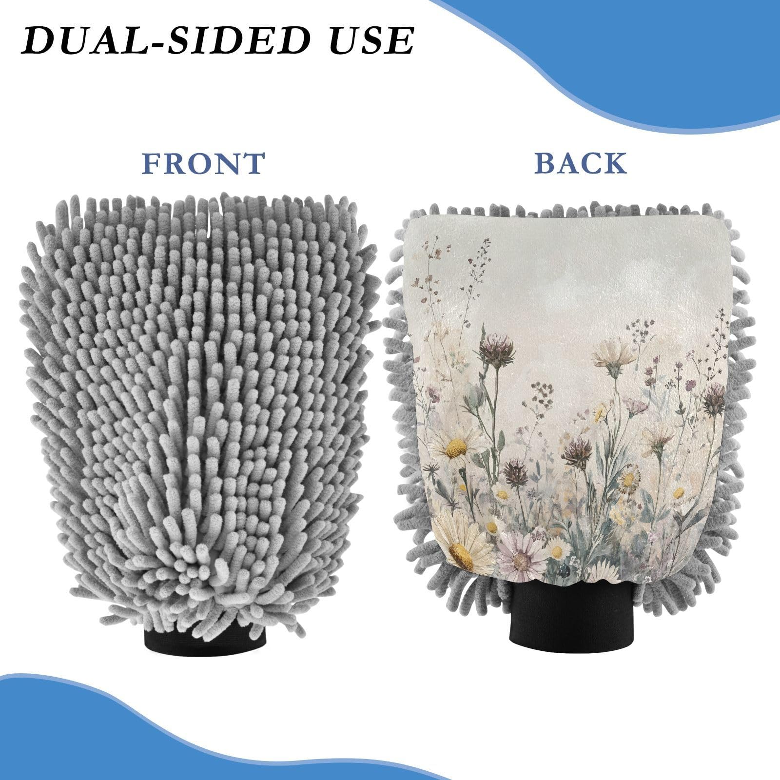 Flradish 2 Pack Watercolor Wildflowers Car Wash Mitt Chenille Microfiber Lint-Free Scratch Free Ultra-Soft Absorbent Car Wash Mitt 11.8x8.07 Inch