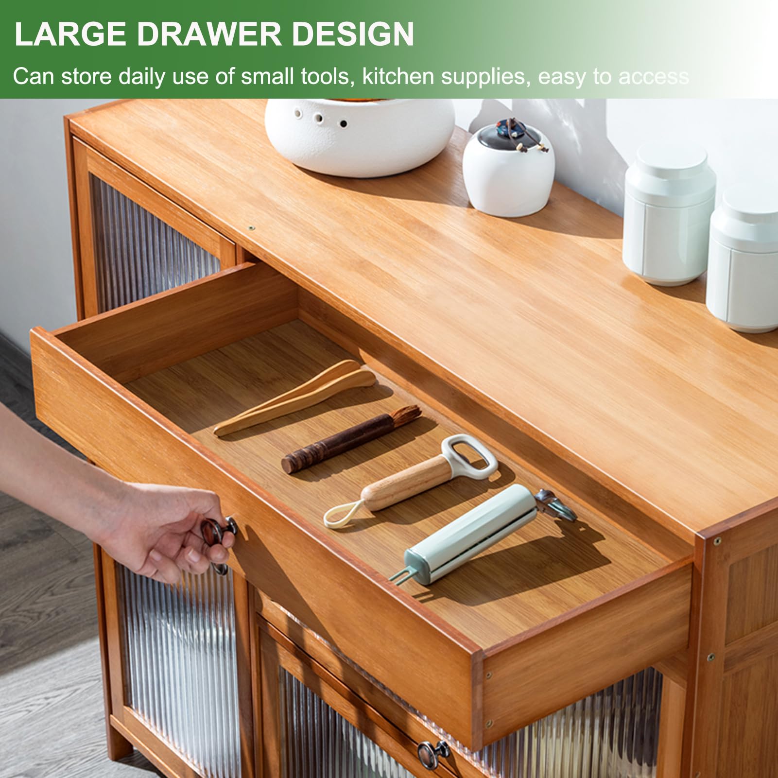 Credenza Buffet In Bambù 120x78cm - Con Ante, 3 Ripiani, Mobile Cucina/Soggiorno, Antiribaltamento - Foto 9