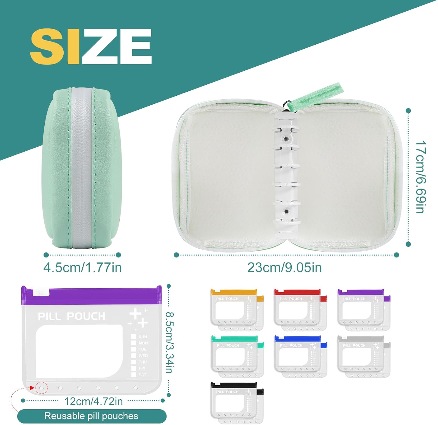 Water-Proof Pill Pouch Set， Large Pill Organizer, Pill Loose-Leaf Storage with Color-Coded Medicine Pouches,BPA Free, Reusable Travel Medicine Organizer， Zippered Pill Organizers Weekly