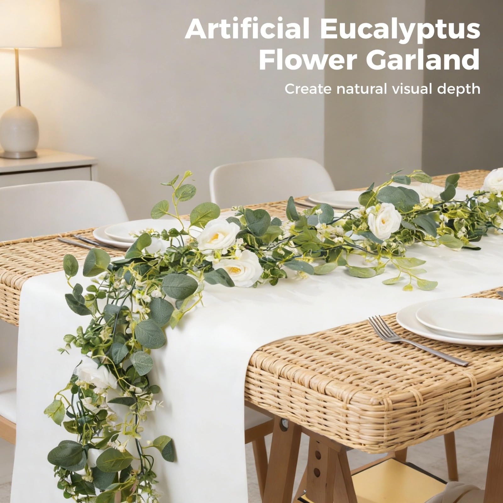 4 Stück hängende Girlande, 180 cm, Eukalyptus-Ranken mit weißen Rosen, perfekt für Hochzeitsbögen, Heimdekoration