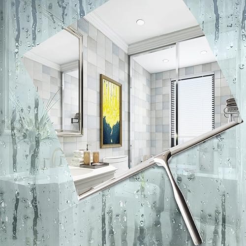 Miniatura 10 de Escobilla de ducha de acero inoxidable con gancho autoadhesivo, escobilla de ventana para puertas de ducha, limpiadores de espejo de baño, limpieza