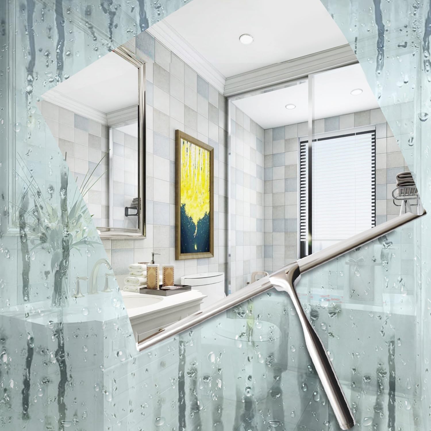 WENKO Raclette De Douche Quadro, Raclette Salle De Bain, Support Mural Fixation Sans Percage Turbo Loc Acier Inox 23x175x5 Cm Chrome 33308031