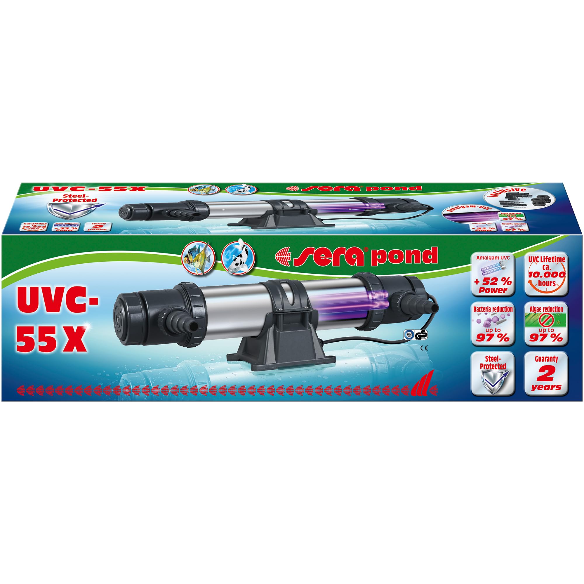 sera Pond UVC-55X | UVC-Wasserklärer für Teiche ab 10.000 l | mit Amalgam-Lampe & Edelstahlgehäuse | entfernt Algen & Keime | verhindert Wassertrübungen | inkl. 10 m Kabel & Adapter | Gartenteich