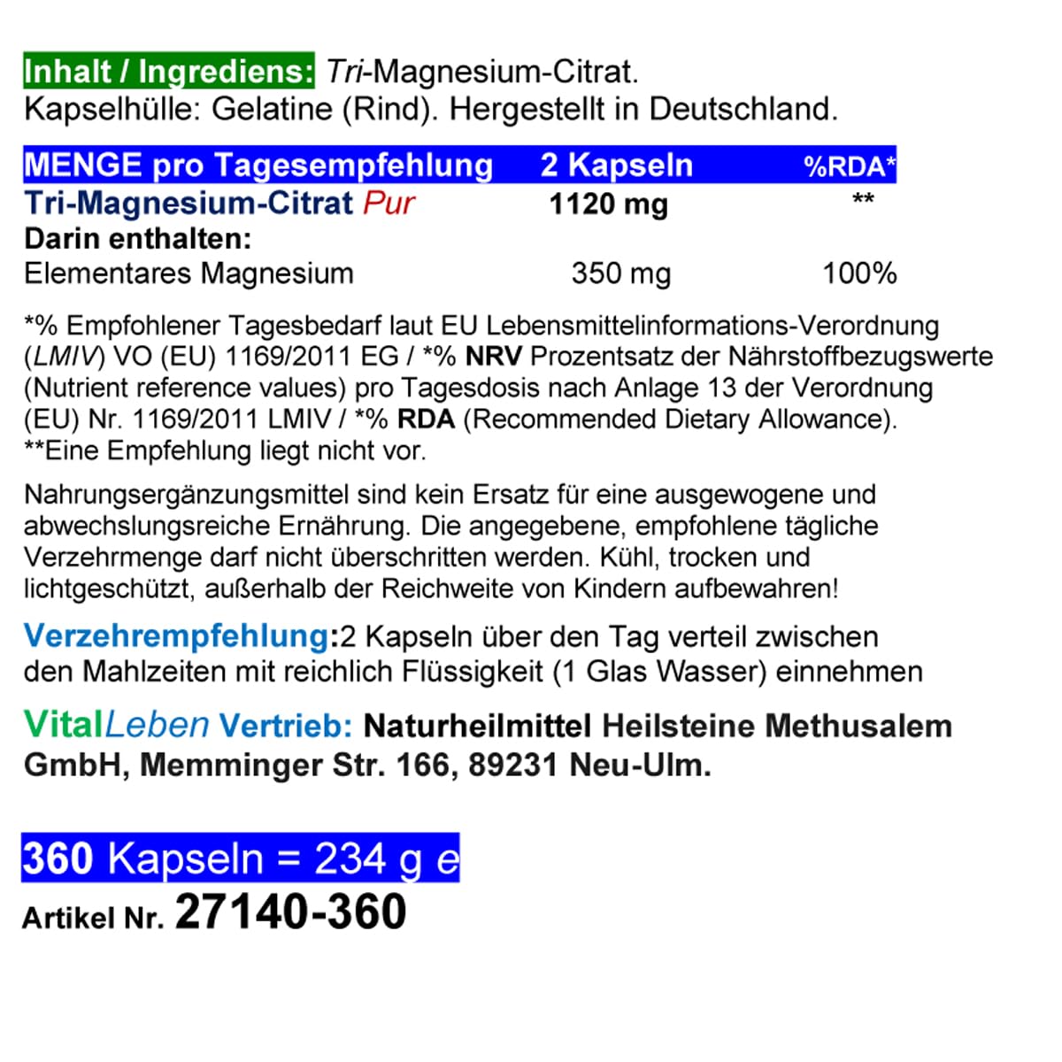 Magnesium Citrat 1080 (3x360) Pulver Kapseln organisches PREMIUM TRI-MAGNESIUMCITRAT. Elementar. OHNE ZUSATZSTOFFE. Schnelle Aufnahme. HOHE BIOVERFÜGBARKEIT. Nie mehr Magnesiummangel 27140-7