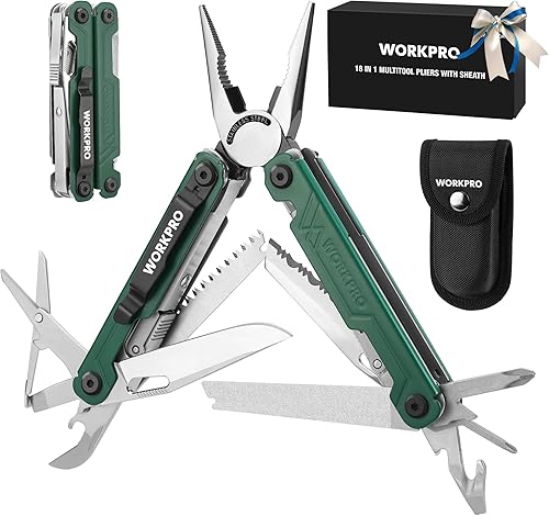 WORKPRO Alicates multiherramienta 18 en 1, multiherramienta EDC de acero inoxidable con cuchillo de bolsillo, 2 cerraduras de seguridad, clip para