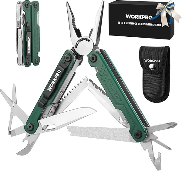 WORKPRO 18-in-1 Multi Tool Pliers, Gifts for Men, Stainless Steel EDC Multitool with Pocket Knife, 2 Safety Locks, Belt Clip and Oxford Pouch, Utility Multiuse Tool for Camping Green