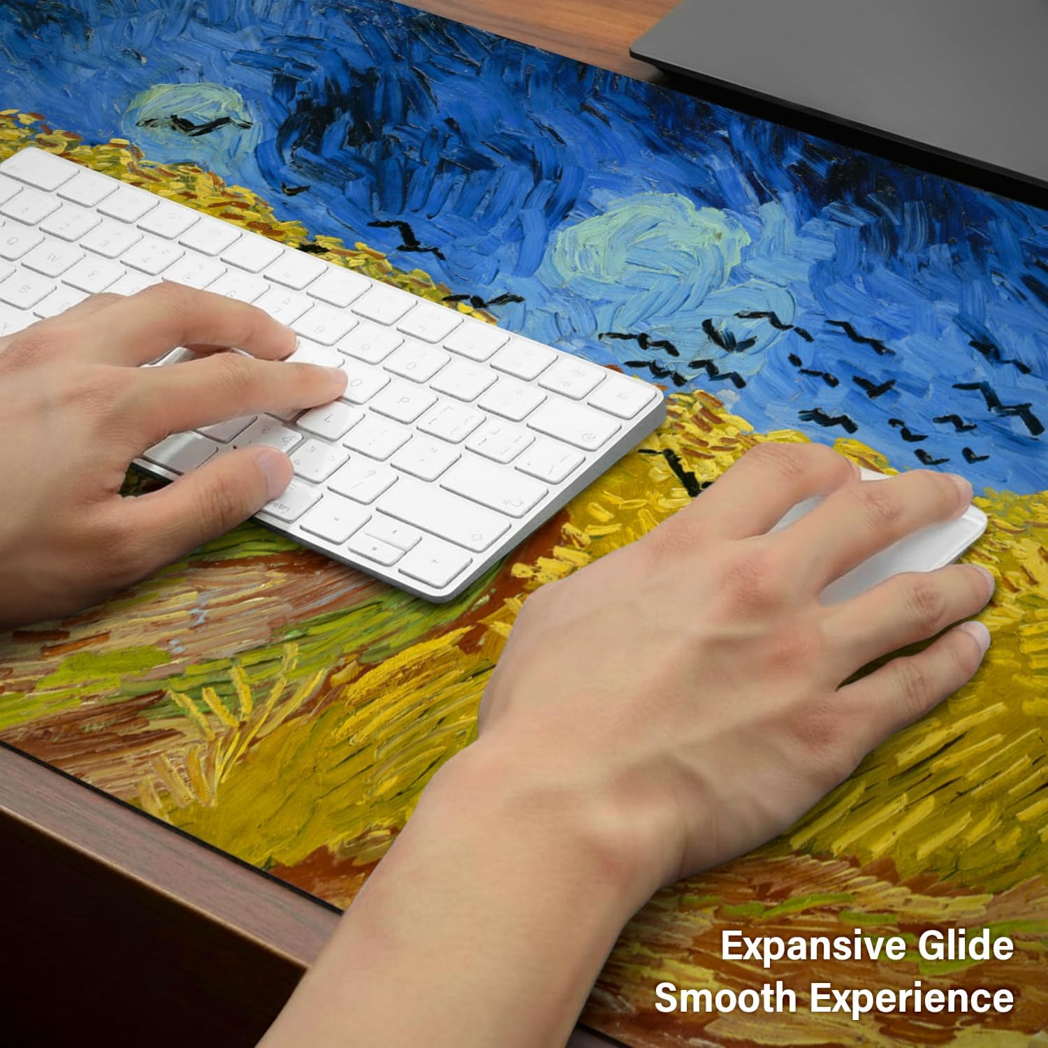 Large Mouse Pad,Extra Long and Thick Desktop Mouse Pad with Stitched Edges,Non-Slip Base,Waterproof Keyboard Pad for Office and Home,Van Gogh-Wheatfield with Crows(35.4x15.7x0.12 Inch，90x40cm)