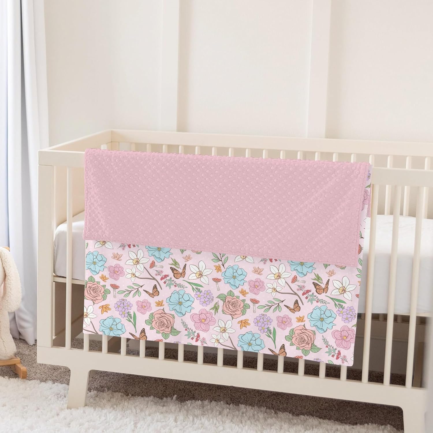 Vintage Wildflowers Baby Blankets for Girl Boy Pink Floral Leaves Mushroom Butterflies Soft Mink Dotted Backing Double Layer Swaddle Blanket Spring Garden Bed Throws for Infant Toddler Nursery 30x40