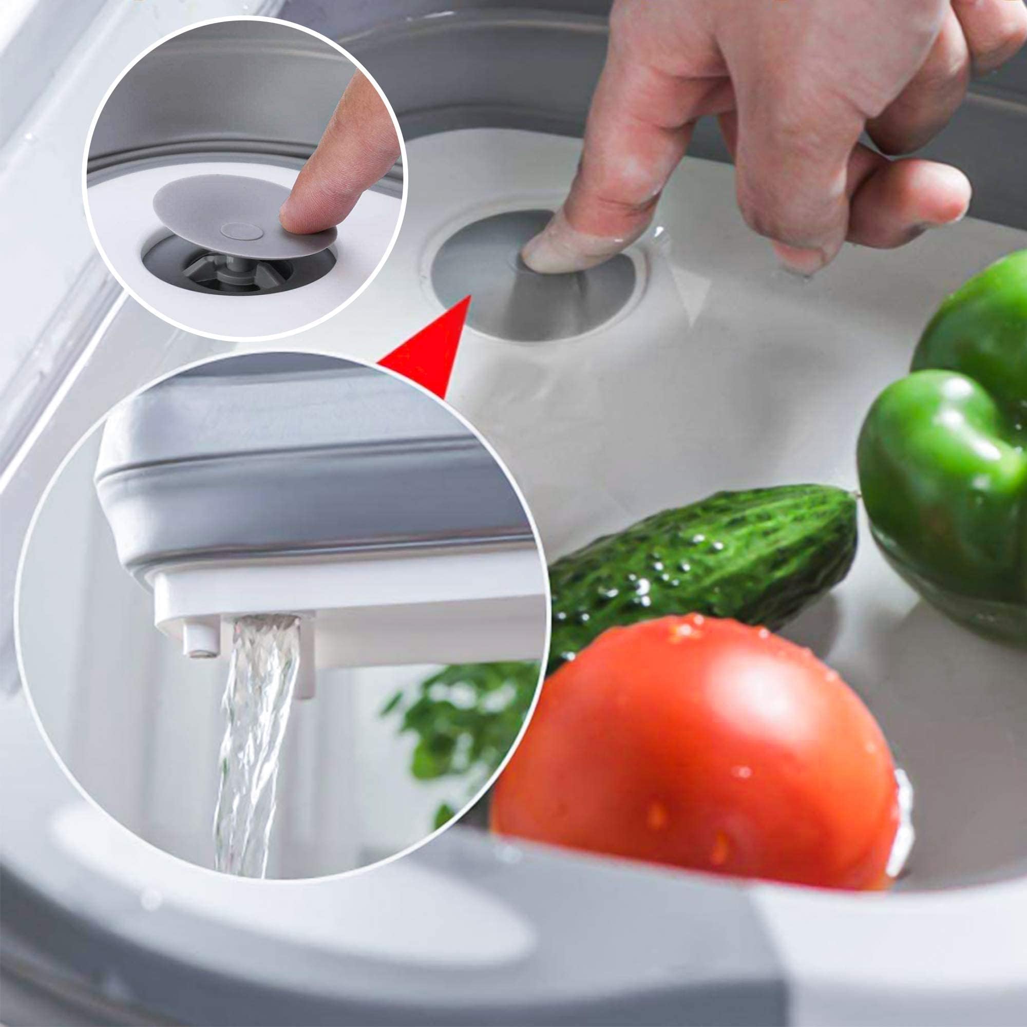 Planche à Découper Pliable 3 En 1 Gris - Évier Portable Avec Panier Drainage Et Bouchon