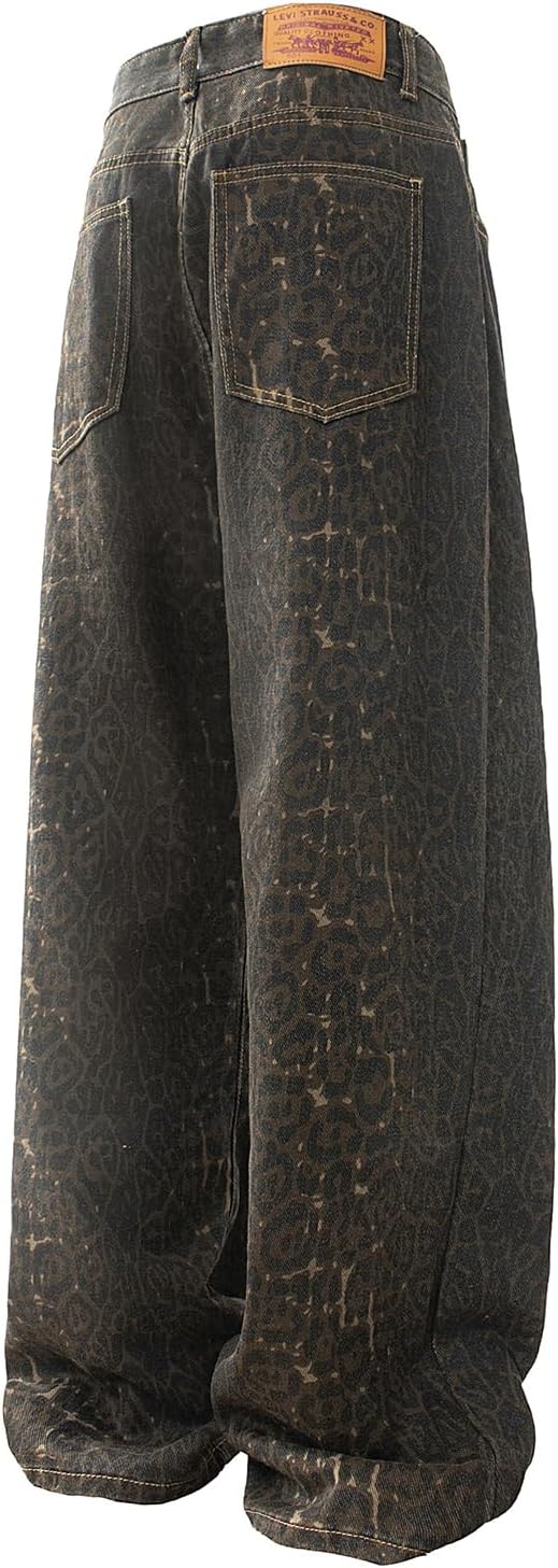 Men's Dark Leopard Print Wide Leg Jeans Loose Fit Classic Denim Pants Animal Print Trousers