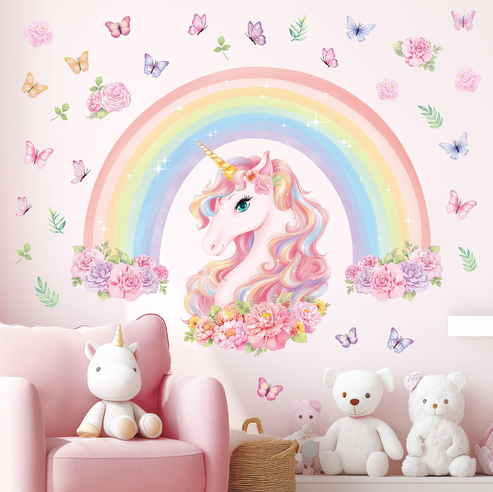 DECOWALL SG2-2413 Large Rainbow Unicorn Wall Stickers Flower Peel and Stick Wall Art Decals for Girls Bedroom Kids Room Baby Nursery