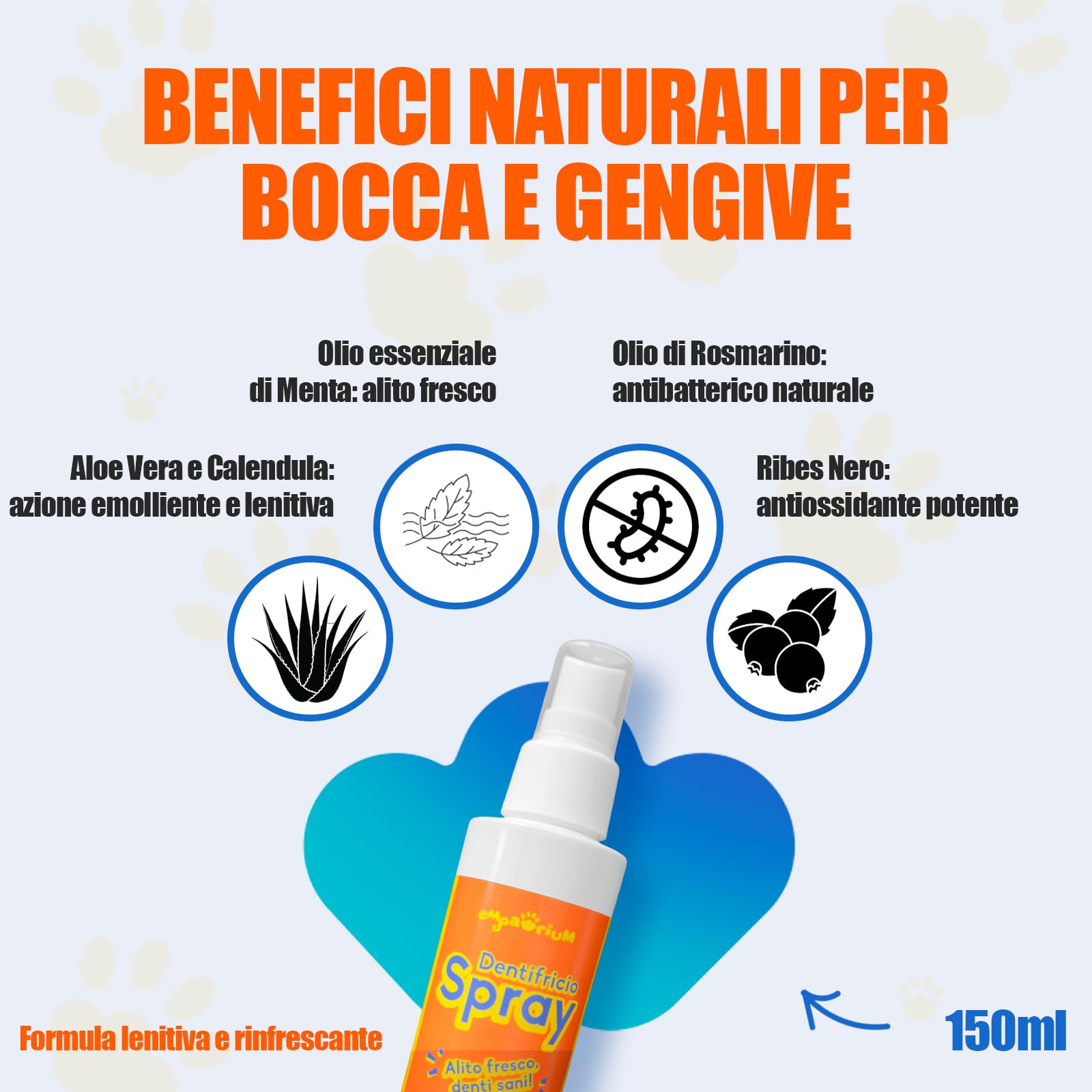 Dentifricio per Cani Spray 150 ml Made in Italy - STOP ALITOSI, Igiene Orale Profonda con Aloe Vera e Menta