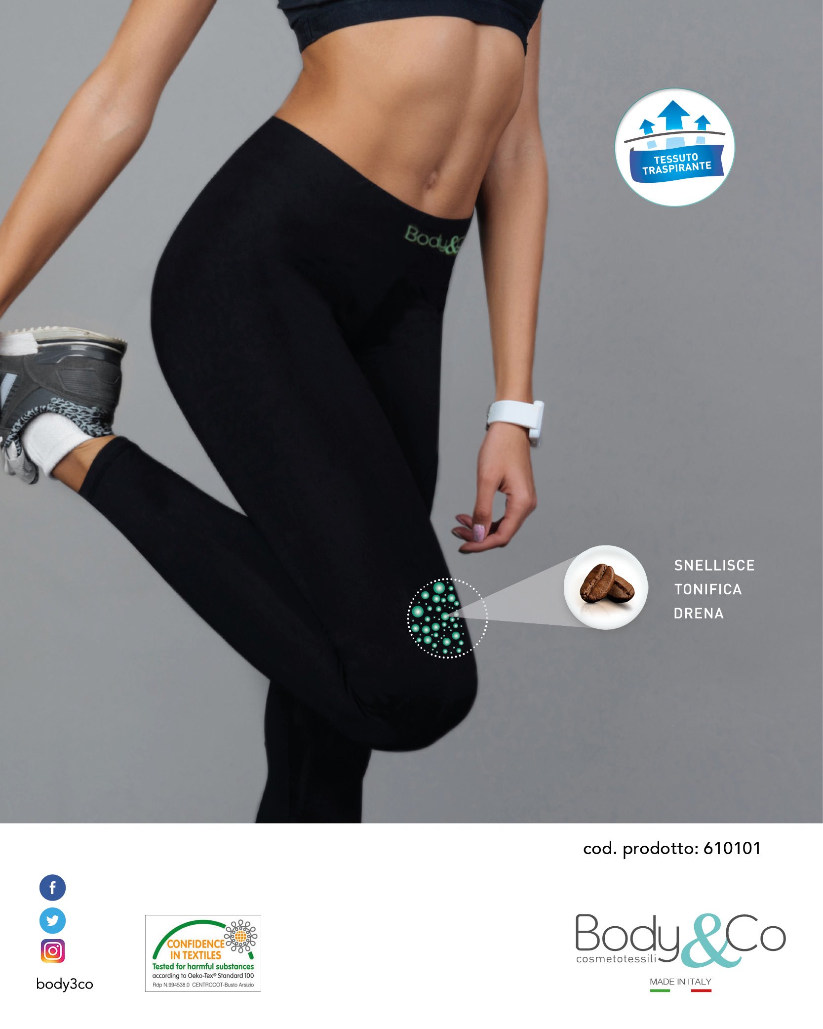 Body&Co Legging Leggins Sportivo con microcapsule alla Caffeina ad Azione brucia Grassi e anticellulite