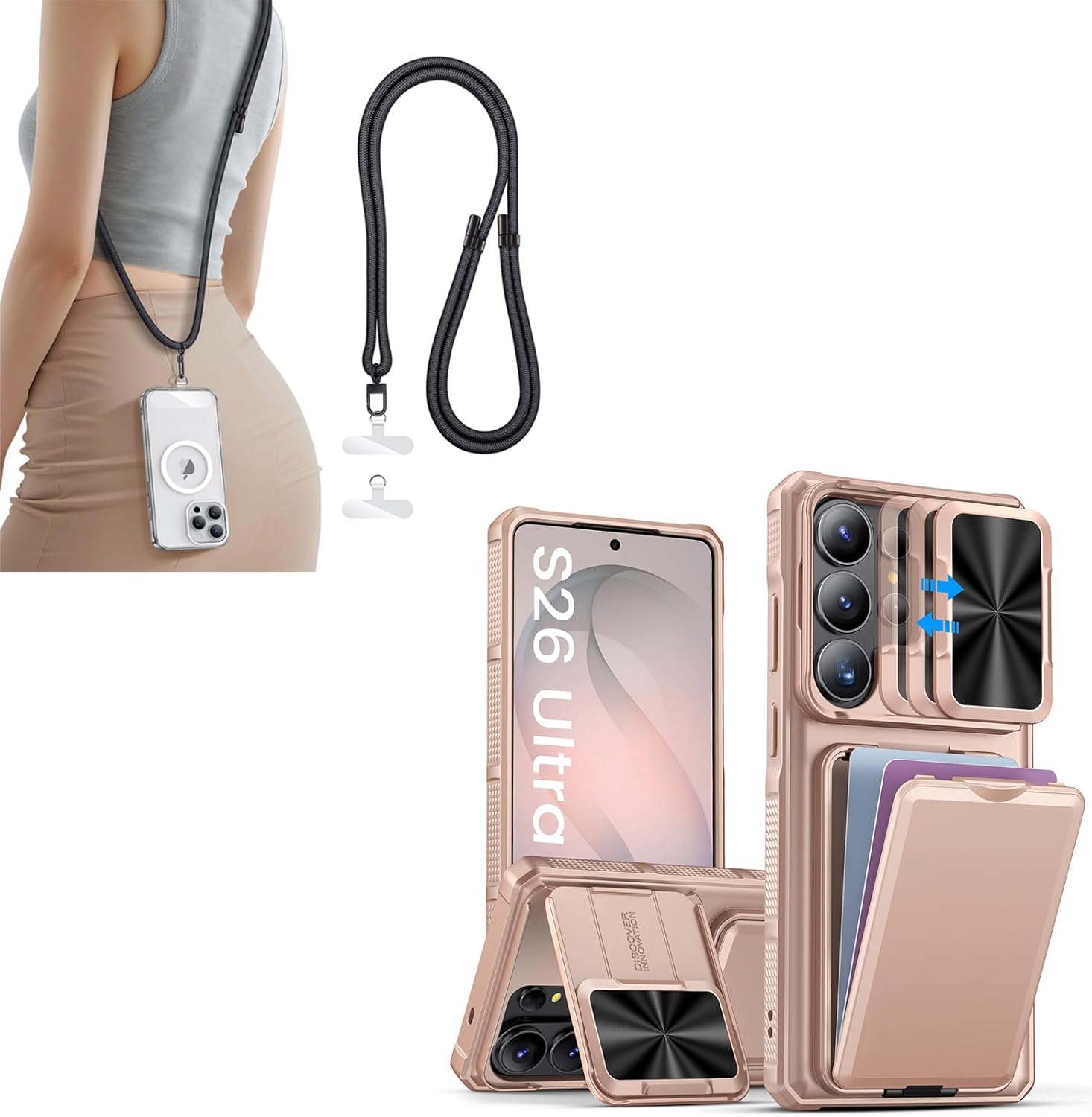 SSLOTSCASE for Samsung Galaxy S26 Ultra Case with Wallet & Sliding Lens Cover & Kickstand, Phone Lanyard Crossbody with 2X TPU Clear Tabs, Adjustable Anti Theft Strap, Premium Metal Buckles