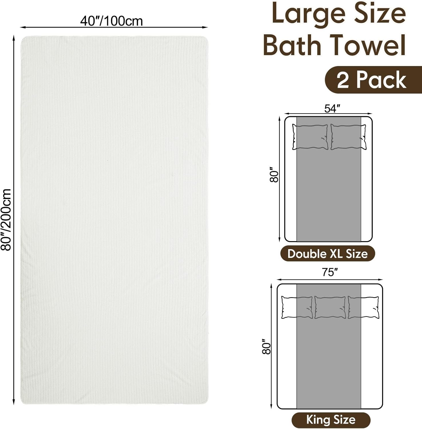 2 Pcs Extra Large Bath Sheets 40 x 80in Oversized Jumbo Bathroom Towel Giant XXL Coral Fleece Beach Sheets Soft Quick Dry Absorbent with Hanging Loop (Cream) - Image 2