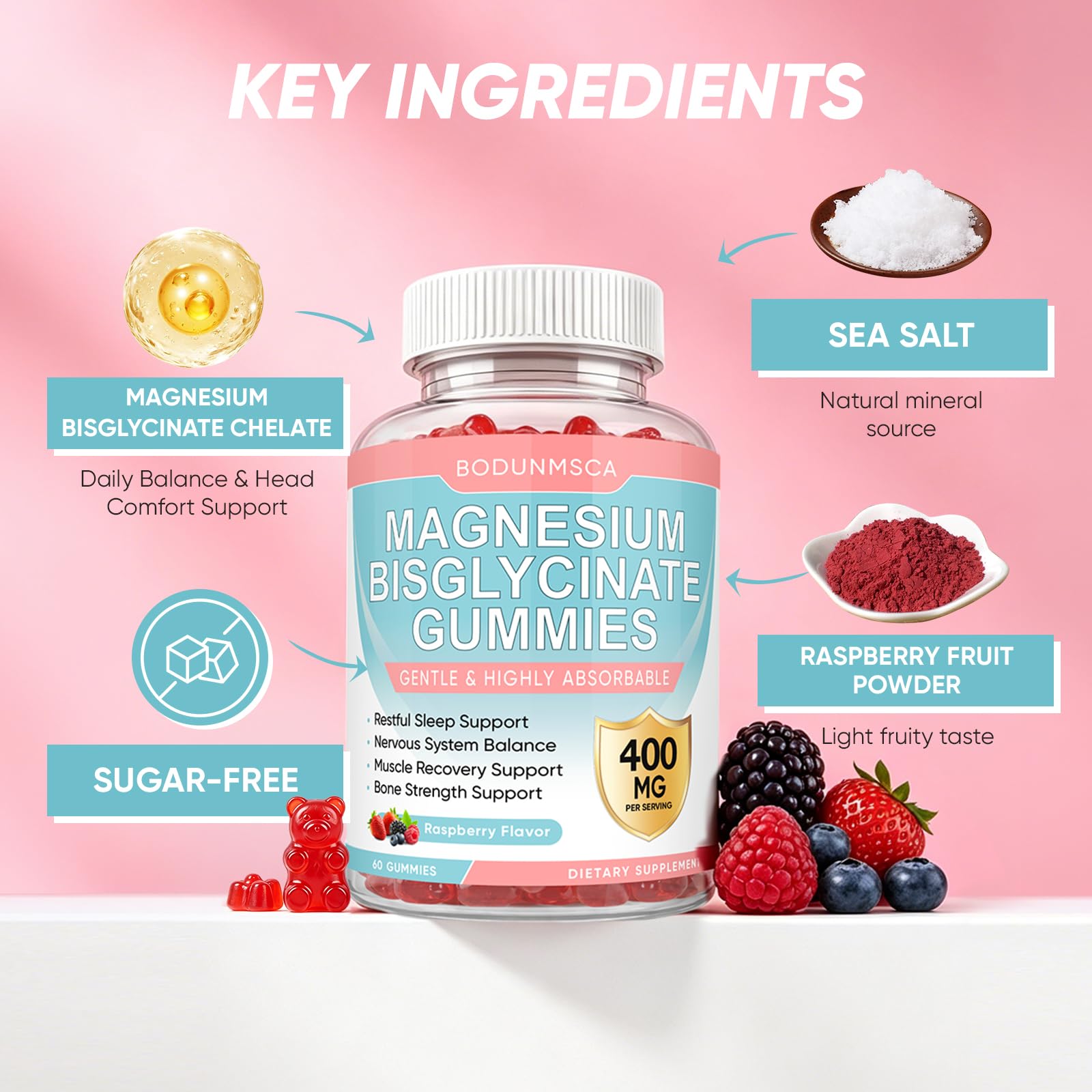 Magnesium Bisglycinate Gummies 400mg, High Absorption & Gentle Magnesium Supplement, Supports Calm, Sleep & Muscle Recovery, Raspberry Flavor, 120 Count — Amazon image 4