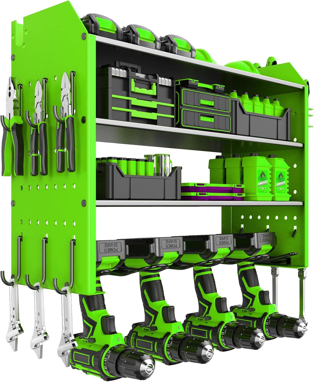 Power Tool Organizer Wall Mount with Charging Station, 4 Layers Garage Storage Rack with 4 Cordless Drill Holders, Heavy Duty Tool for Workshop（Green）