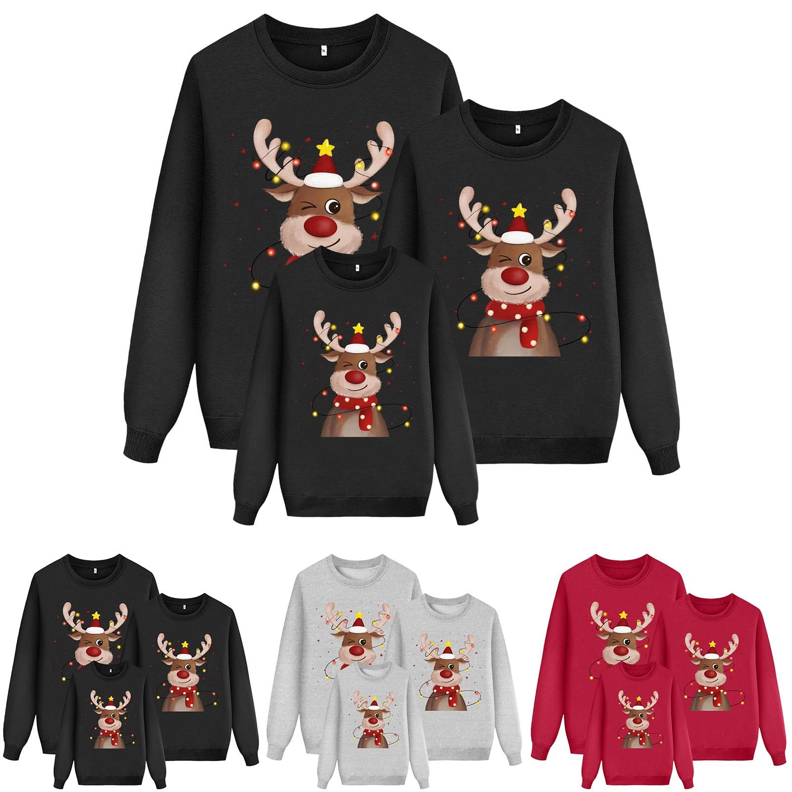 Suéter de Navidad Familia Jersey Invierno Estampado de Ciervos Cálido Cuello Redondo Pullover Punto