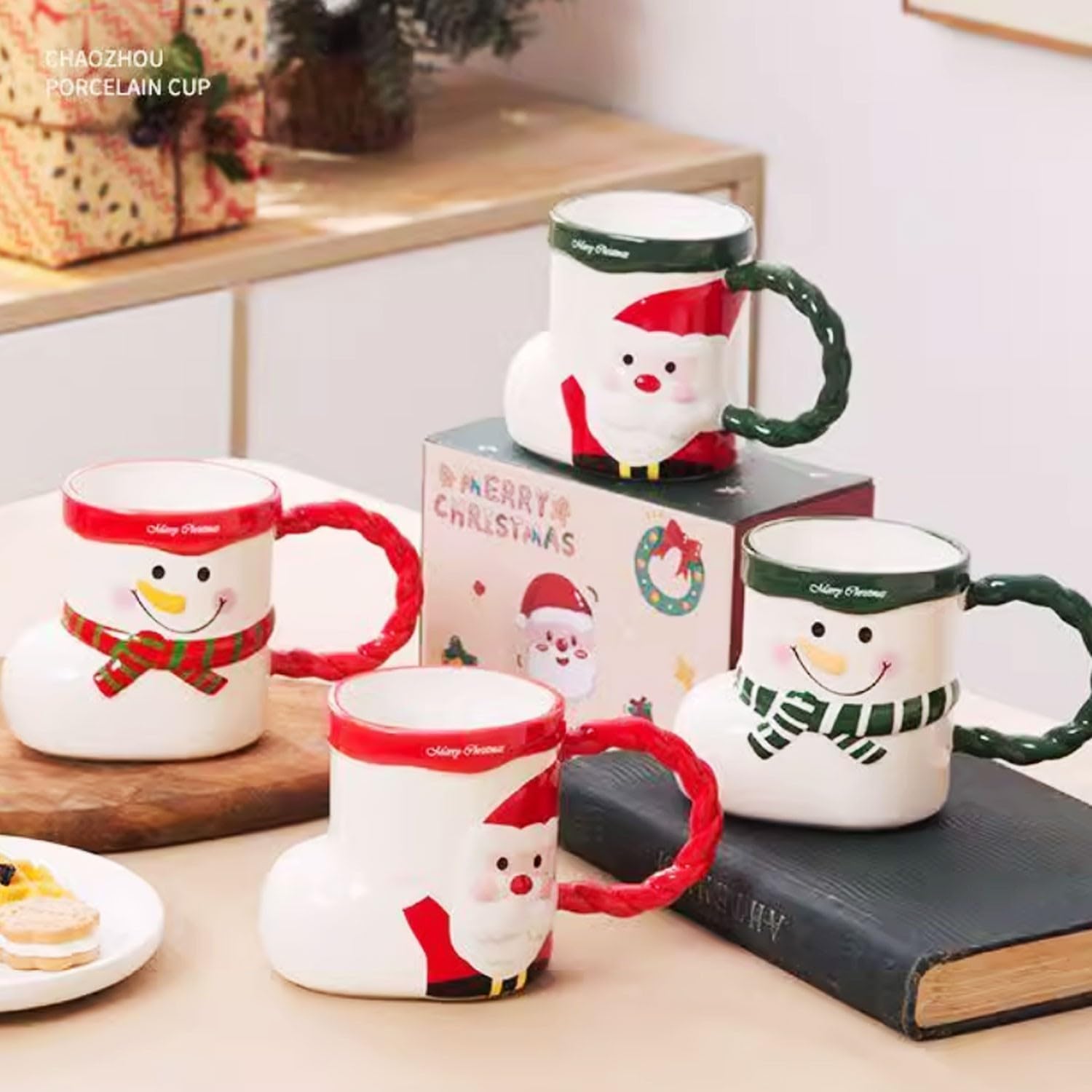 vintage style christmas ceramic coffee cupsCeramic water cup 4-piece set funny and cute Christmas socks Santa Claus 2024 new tableware(Color:1)