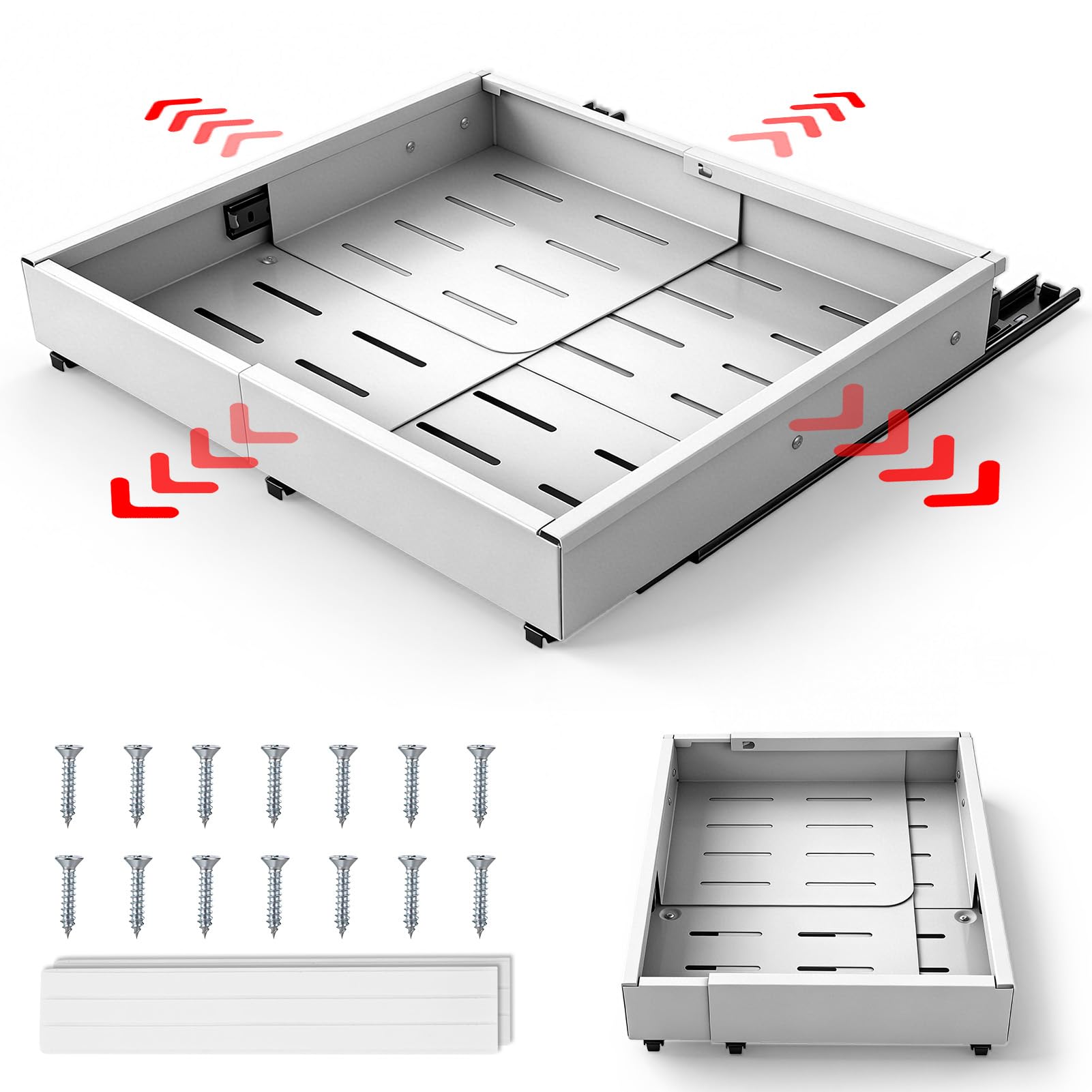 2 Stück 4 Richtungen Teleskopschublade,Metall Schrank-Schubladen-Organizer,erweiterbar ausziehbare schublade küche mit Kleber,Breite 29.5–48cm & Tiefe 41.5–58cm,für Küche Pantry Organisation