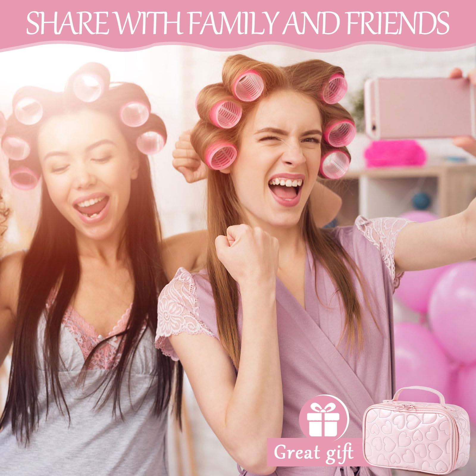 Obeoby Lockenwickler in 4 Größen mit Geschenk-Make-up-Tasche, rosa Lockenwickler für langes, kurzes Haar und Pony, Frauen und Mädchen, Geburtstagsgeschenke zum Muttertag