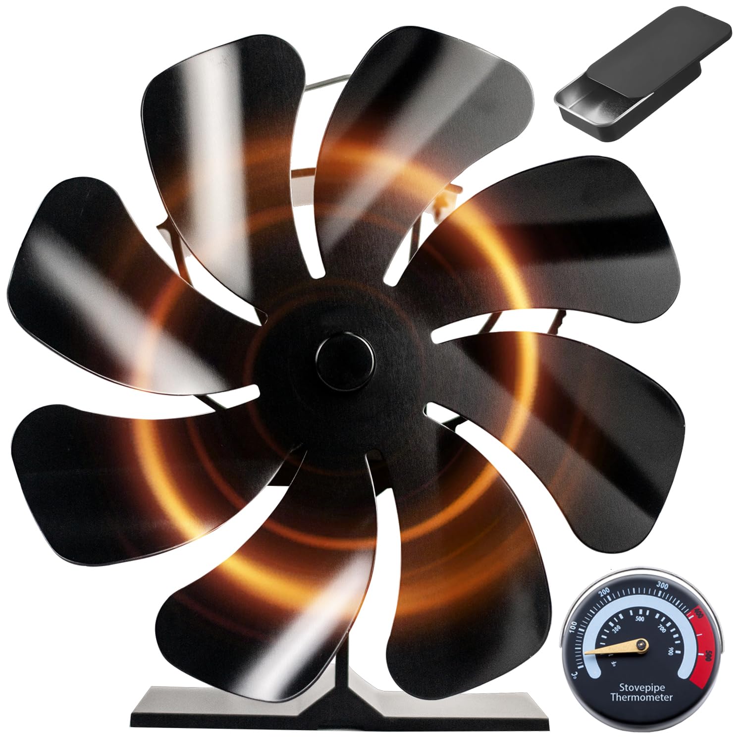 Tomersun Wood Stove Fan Heat Powered 8-Blade Stove Fan, Fireplace Fan for Wood Burning Stove/Pellet/Log Burner, w/Stove Accessories Thermometer &amp; Aroma Pod