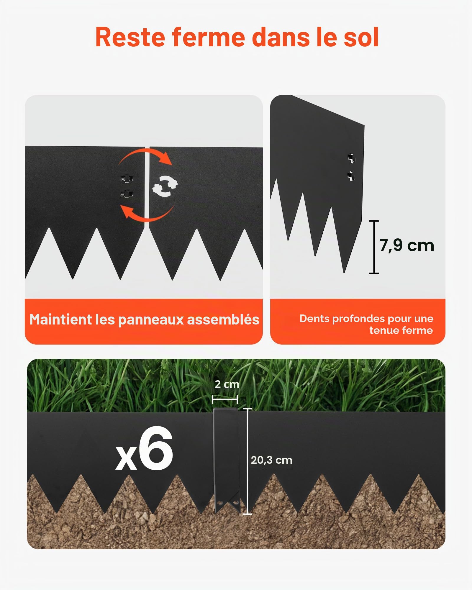 VEVOR Bordure de Jardin Métal 101,6x20,3 cm Bordure de Pelouse Acier Galvanisé Lot de 6 pour Massifs Fleurs, Allées, Délimitation Espace, Aménagement Paysager, Flexible, avec 6 Clips de Fixation, Noir