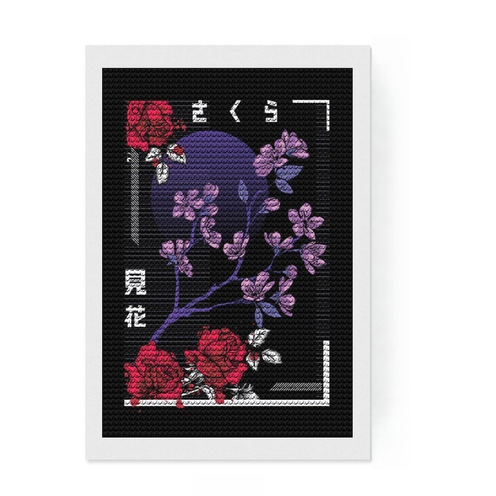Junmoney Cherry Blossom Diamond Art Kit 8"x12", Fun Craft Experience, Finish and Display, Office Decor, for Craft Lovers, Printed Canvas