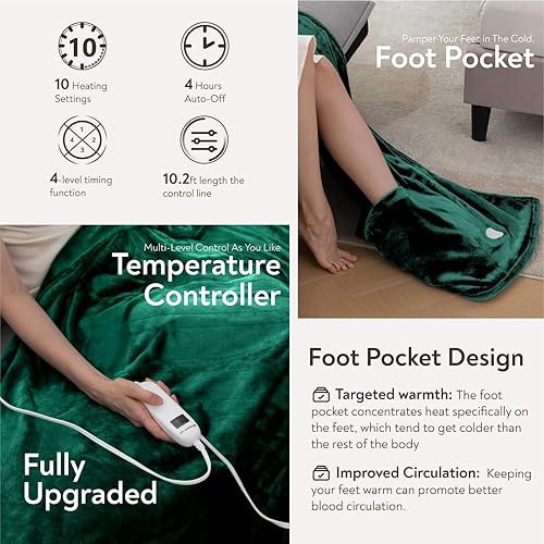 Miniatura 3 de Wapaneus - Manta térmica eléctrica con bolsillo para los pies, 10 niveles de calefacción y 4 ajustes de temporizador, apagado automático de 4 horas,