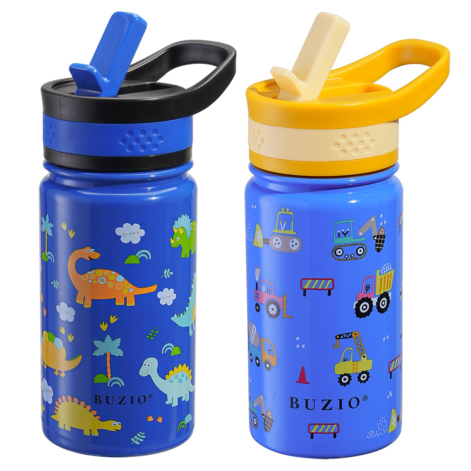 2 Pack Insulated Kids Water Bottle, BUZIO 14oz Stainless Steel Water Bottles with Tritan Straw Lid, BPA-FREE Lead-Free Double Wall Leak Proof Drink Cups Flask for School (Blue Car +Blue Dinosaur)