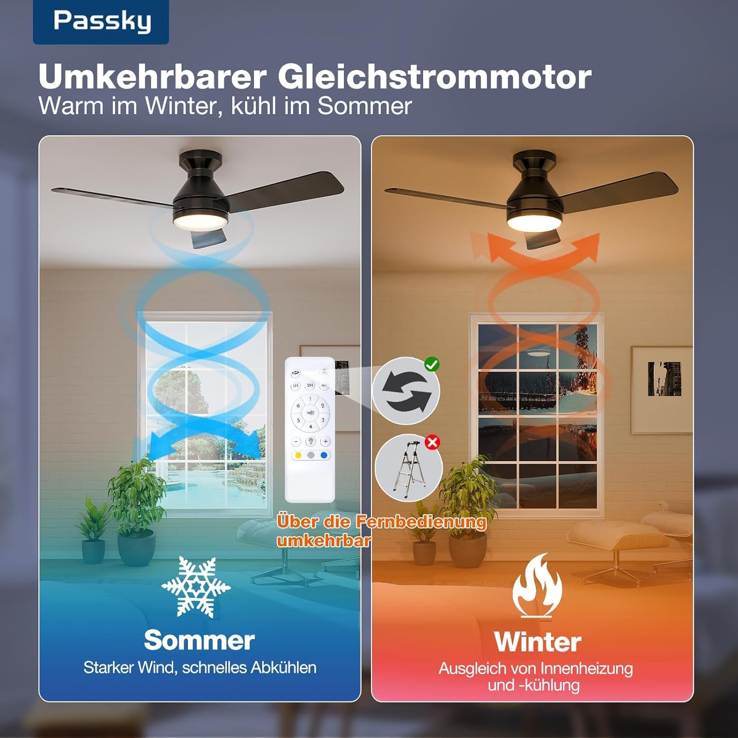 Passky Deckenventilator mit Beleuchtung Fernbedienung107cm Schwarz | 3 Flügeln LED Leiser DC-Motor Timer 3 Farbtemperaturen 6 Geschwindigkeiten Umkehrbar Sommer Winter Wohnzimmer Schlafzimmer