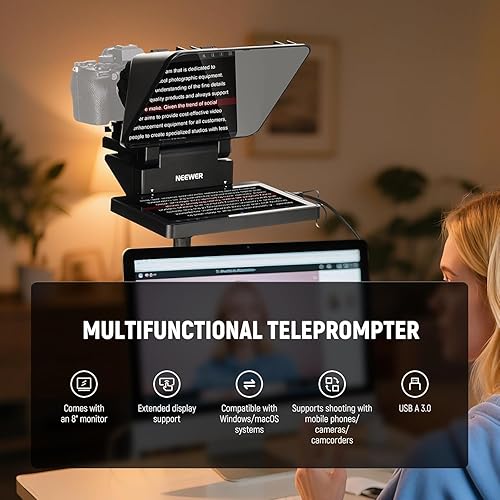 Miniatura 6 de NEEWER Teleprompter 2 en 1 de 11 pulgadas con monitor para Windows MacOS, compatible con duplicación de pantalla, indicador portátil para cámara