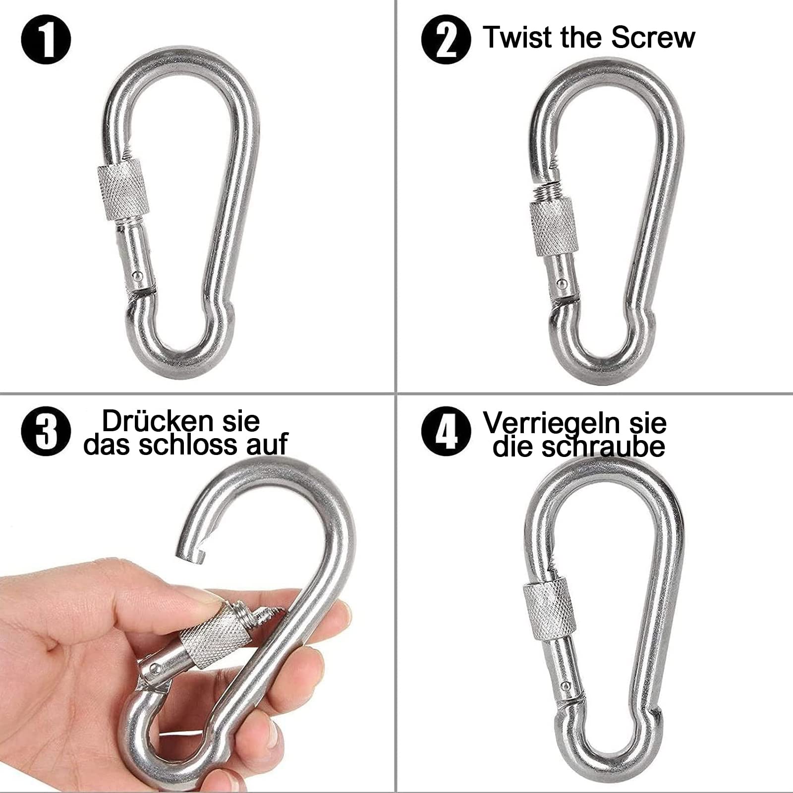 4 Moschettoni M6 Con Tappo A Vite - Acciaio Inox 304, Portata 135 Kg, Per Outdoor E Chiavi - Foto 5