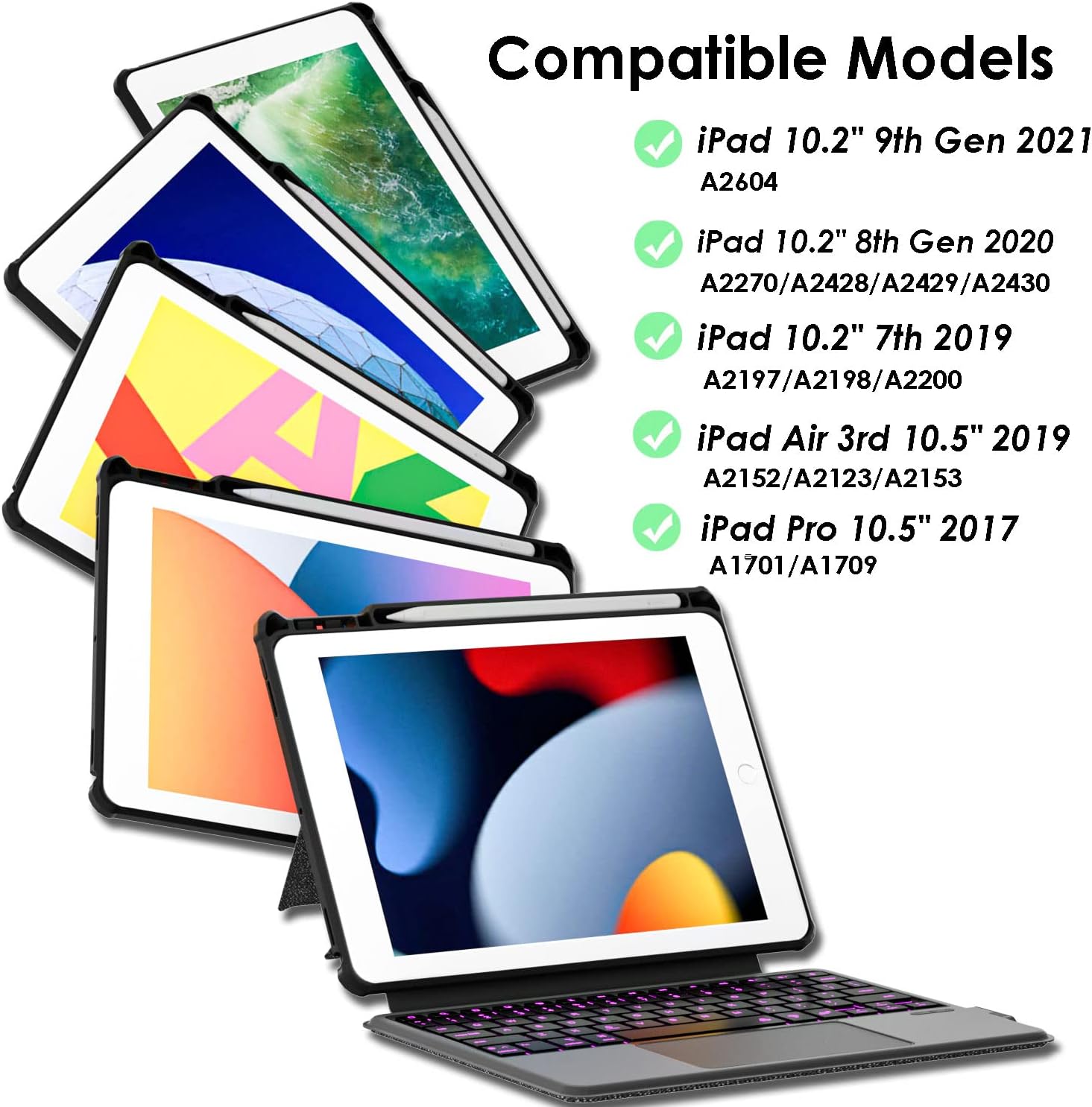 Keyboard Case Compatible for iPad 10.2 inch 2021 9th & 8th & 7th Gen,Air 3,Pro 10.5 in,Magnetic Detachable Kickstand case with Bluetooth Backlit Trackpad Keyboard - Image 2