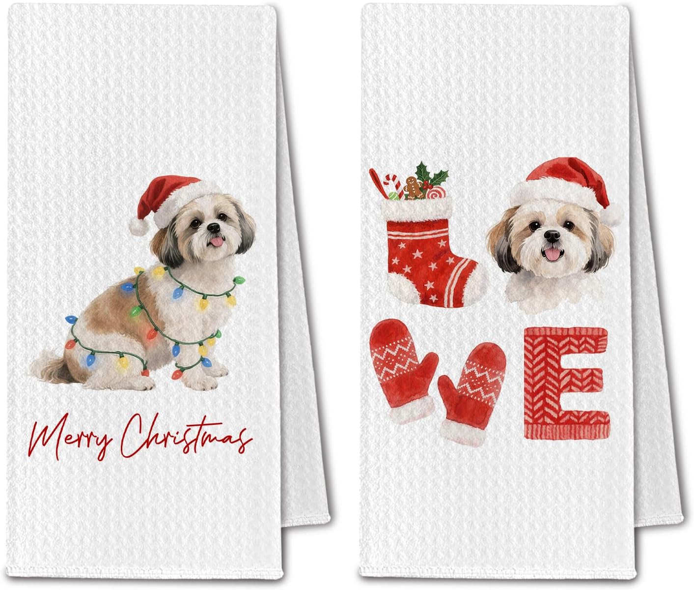 クリスマスシーズーキッチンタオル、シーズー犬愛好家へのギフトディッシュタオル、キッチン用ディッシュタオル、ホリデーウィンターメリーク