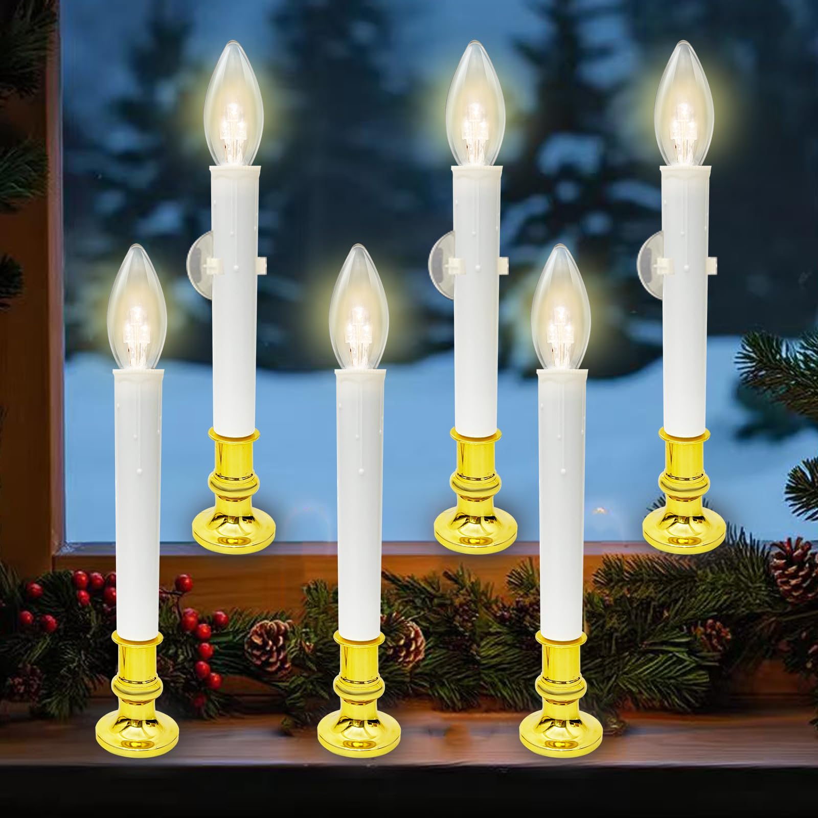 Batteriebetriebene Weihnachtsfensterkerzen mit Timer | Flammenlose LED-Kerzen für Fenster, Messingsockel, batteriebetriebene Fensterkerzen mit Saugnäpfen, 26,7 cm, 6 Stück