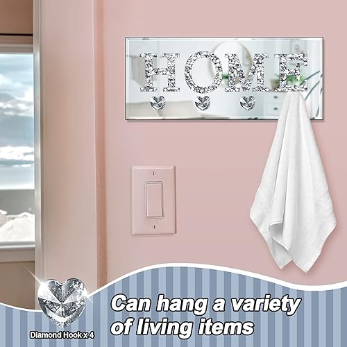 Miniatura 4 de Soporte para llaves en la pared con diseño de diamante con espejo para el hogar, letrero montado en la pared, ganchos transparentes en forma de