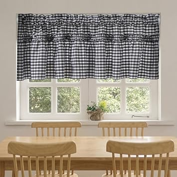 Silnuo Black/White Plaid Gingham Ruffle Window Valance Farmhouse Checkered Window Treatment Washed Cotton Decorative Curtain Rod Pocket 52" W x 18" L