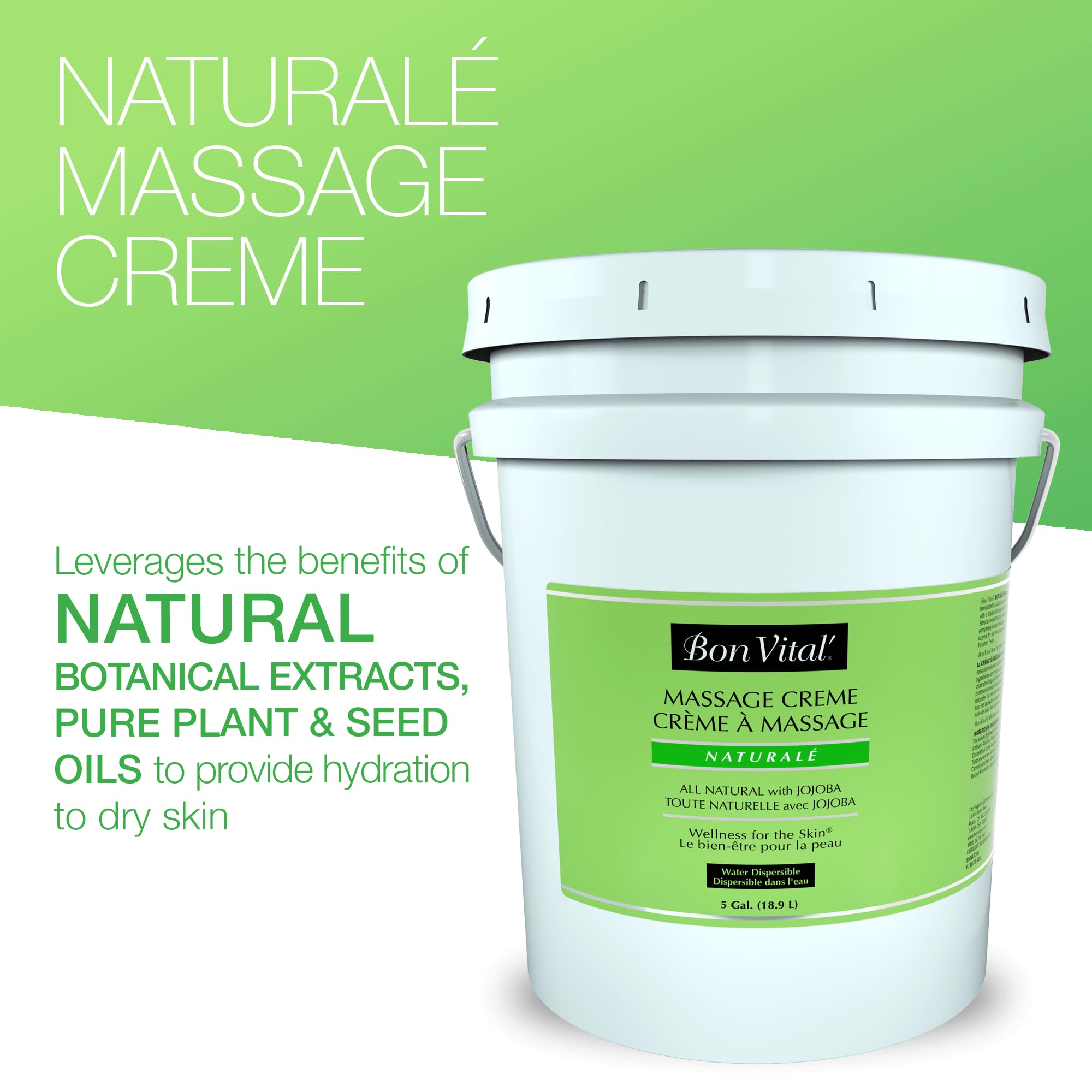 Bon Vital Naturale - Crema de masaje hecha con ingredientes naturales para un masaje respetuoso con la tierra y relajante, crema de masaje corporal completo, hidratante diario para todo el día, piel suave y lisa, 5 Gallon, crema, 1