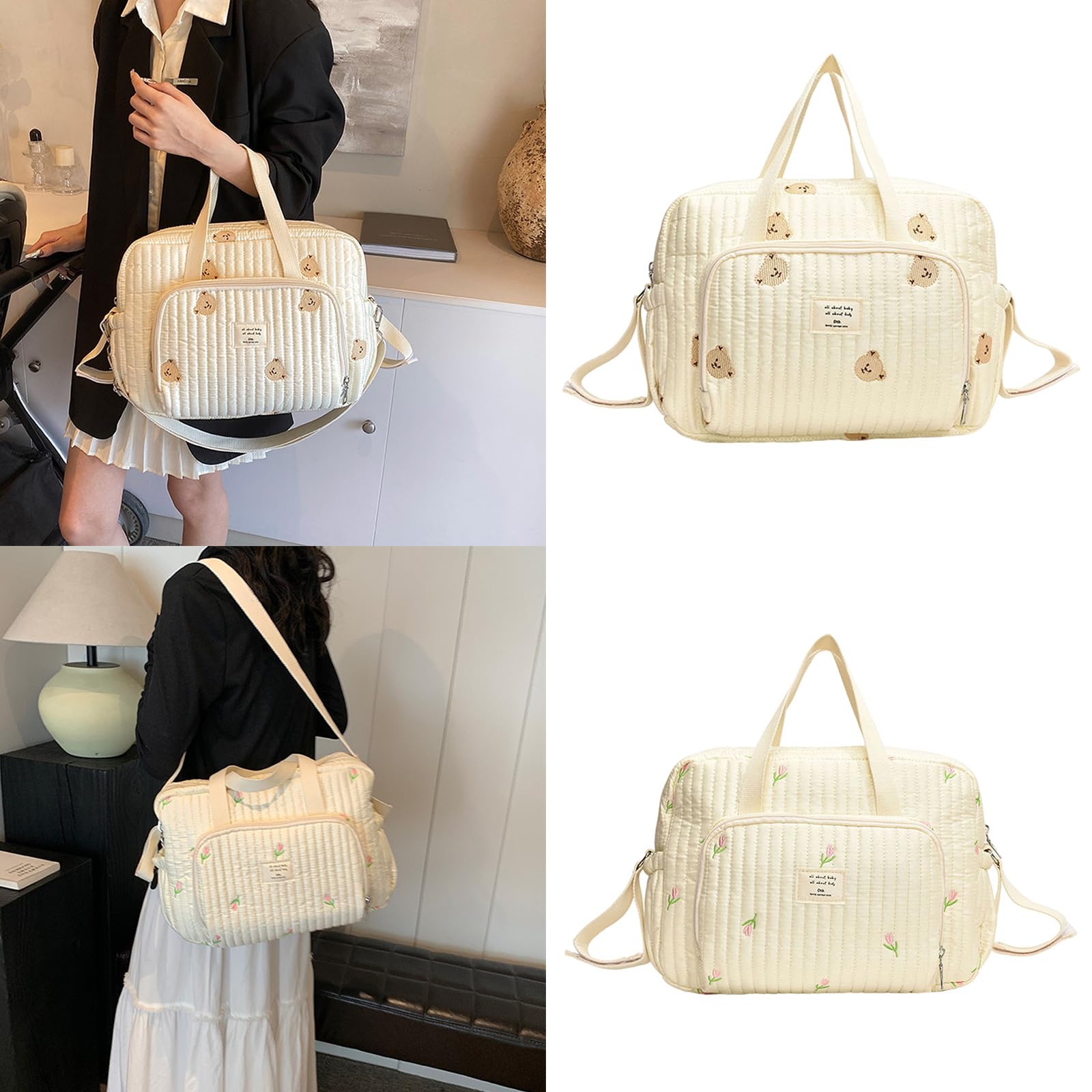 Bolsa de pañales multifuncional, bolsa de pañales, organizador, bolso de hombro portátil con bordado y mucho espacio para el pañal