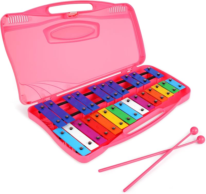 Xilófono Glockenspiel de 25 notas, xilófono profesional para principiantes en la enseñanza de música, regalo de instrumento de percusión sintonizado Glockenspiel cromático (rosa)