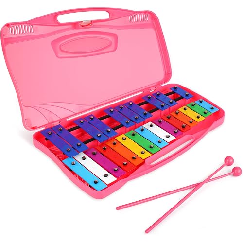 Xylophone 25 Notes Glockenspiel Xylophone, Professional Xylophone for Beginners Music Teaching, Chromatic Glockenspiel Tuned Percussion Instrument Gift(Pink)